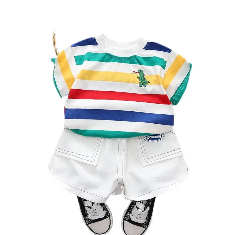 Kids Striped Dinosaur Shorts Set White - Image 3