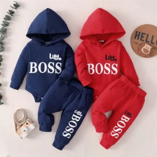 Baby Hoodie Pants Set Red Navy "Little Boss"