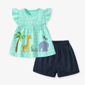 Mint Green Jungle Embroidery Kids Shorts Set