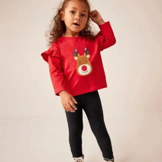Kids Red Deer Embroidered Top & Black Leggings Set