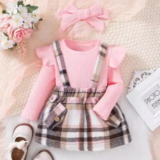 Pink Plaid Suspender Skirt Suit for Girls with Headscarf