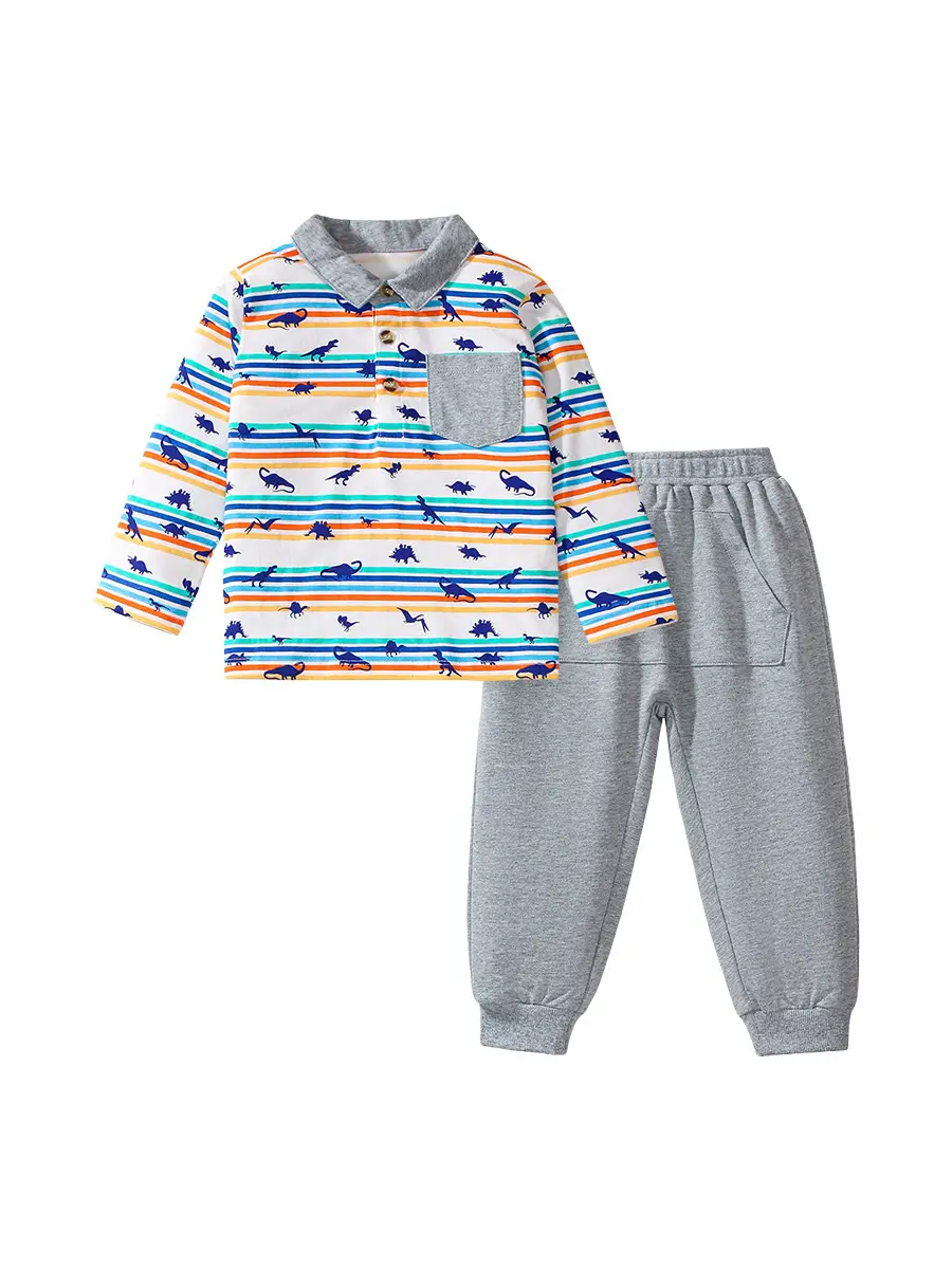 Kids Dinosaur Print Long Sleeve Suit Cotton Gray - Image 5