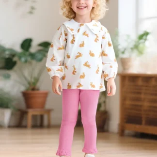 Girls Long Sleeve Rabbit Print Suit Pink Leggings