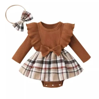 Newborn Crawling Suit Brown Plaid Headband Set