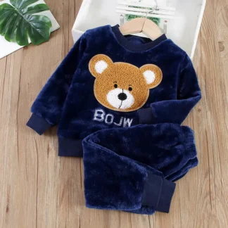 Navy Blue Bear Embroidered Pajama Set for Boys Girls
