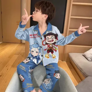 Nezha Cartoon Pajamas for Kids Blue Long Sleeve