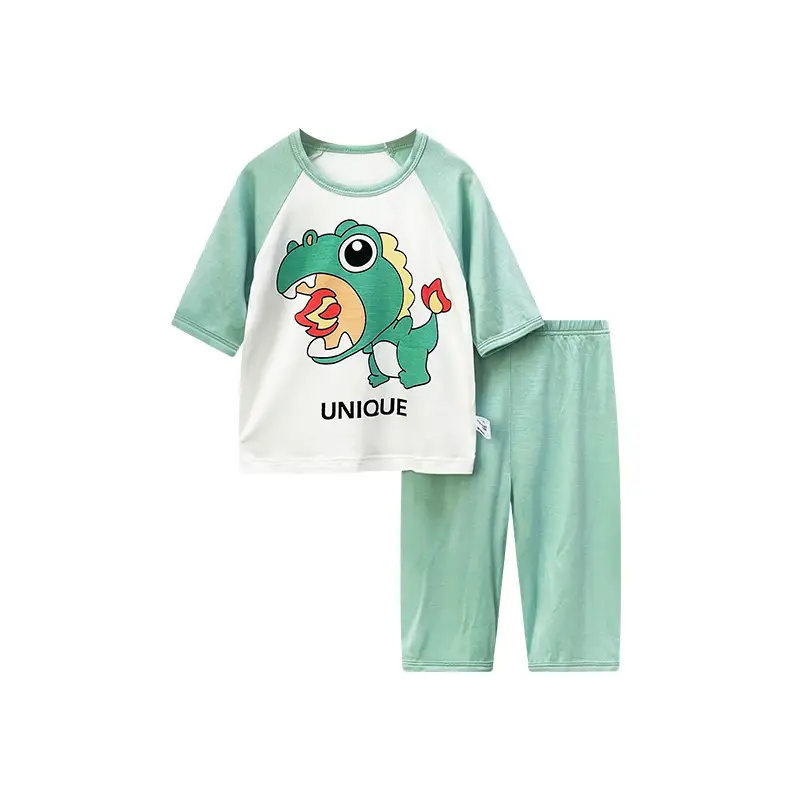 Kids Dinosaur Pajamas Set Light Green Summer Wear - Image 5