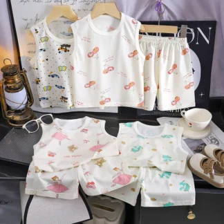 Kids Cotton Vest Suits with Cartoon Prints for Girls & Boys