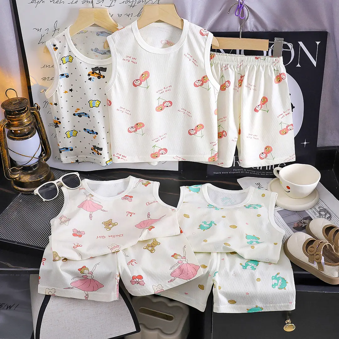 Kids Vests Suits Cotton Cartoon Print 2-10Yrs