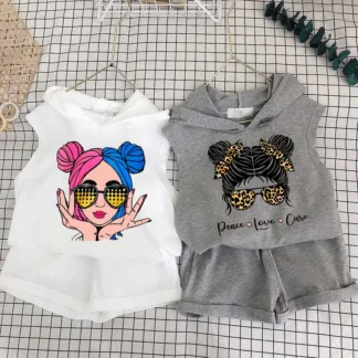 Kids Korean Print Hoodie Set 3-6Yr Cotton White Grey