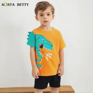 Boys Dinosaur T-Shirt Orange Black Shorts Set