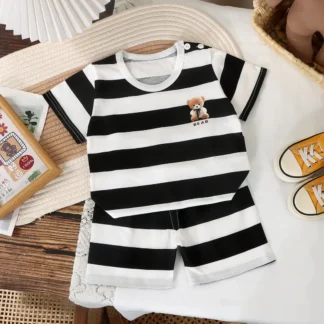 Black White Striped Cotton Suit for Kids 1-5 Years