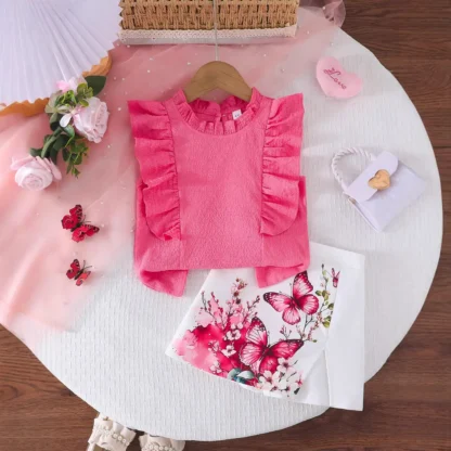 Pink Butterfly Print Girls Summer Outfit Set