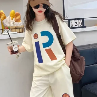 Girls Short Sleeve Graphic Suit Cream Summer Wear