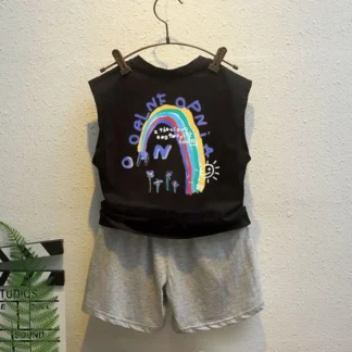 Kids Sleeveless Vest Suit Rainbow Sun Print Black Gray