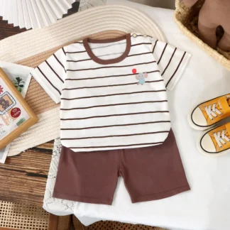 Kids Striped Cotton Shorts Set with Elephant Embroidery