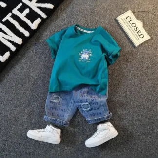 Kids Denim Shorts & Bear Tee Set Blue White