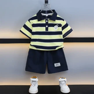 Kids Striped Polo Shorts Set Navy Yellow