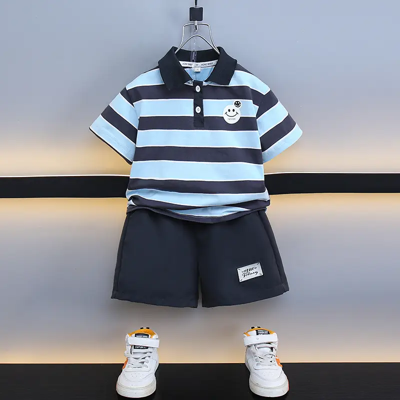 Kids Striped Polo Shorts Set Navy Yellow - Image 2
