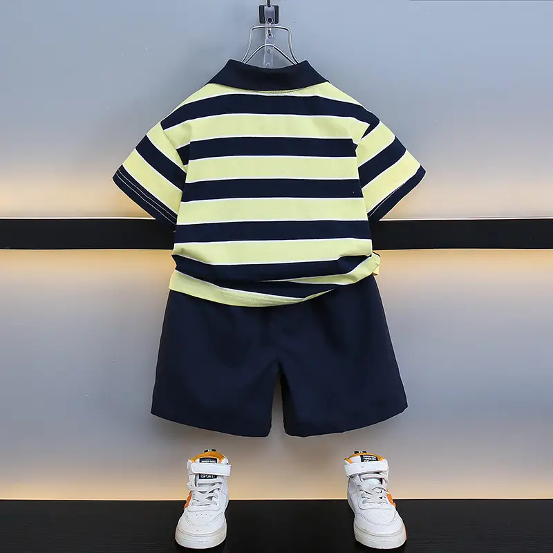 Kids Striped Polo Shorts Set Navy Yellow - Image 3