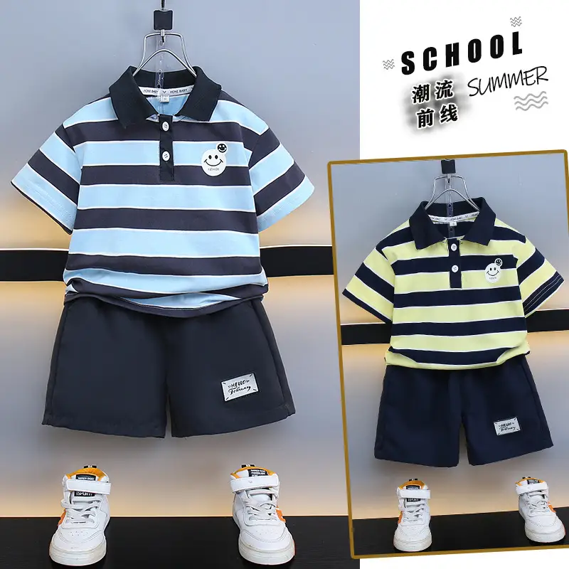 Kids Striped Polo Shorts Set Navy Yellow - Image 4