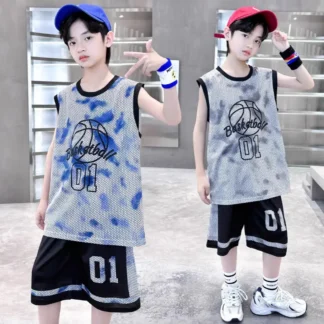 Kids Basketball Vest & Shorts Set Blue 01 Graphic