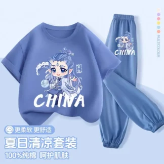 China Print 100% Cotton Summer Suit for Kids 3-10
