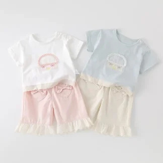 Girls Cotton Summer Suit White Pink Blue Bow Embroidery