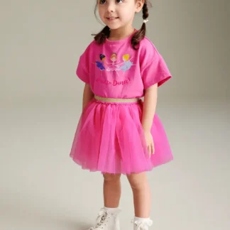 Pink Ballet Print Tulle Skirt Set for Girls