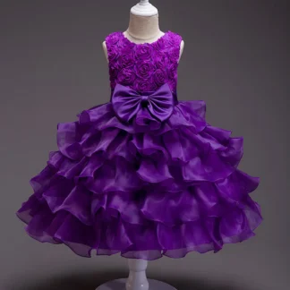 Purple 3D Ruffled Kids Wedding Dress for Girls 3-8Y