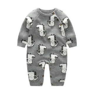 Baby Dinosaur Knitted Jumpsuit Gray Cotton