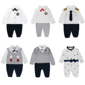 Baby Jumpsuits Set Navy Grey White Collar Bow Tie