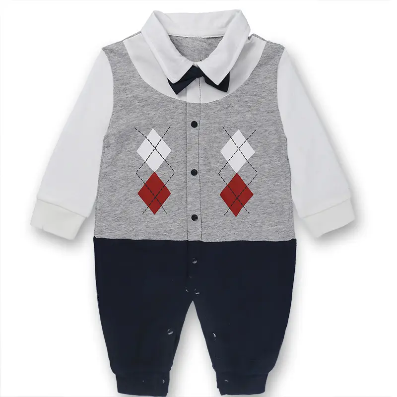 Baby Jumpsuits Set Navy Grey White Collar Bow Tie - Image 2