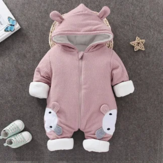 Newborn Rabbit Hooded Pink Winter Jumpsuit for Baby