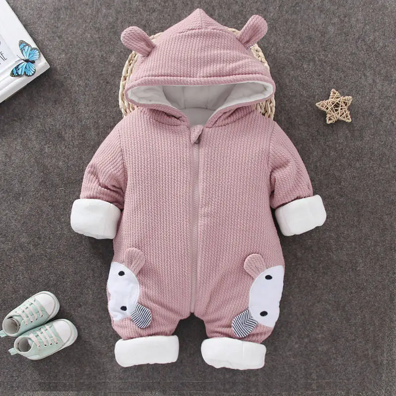 Newborn Rabbit Hooded Pink Winter Jumpsuit for Baby