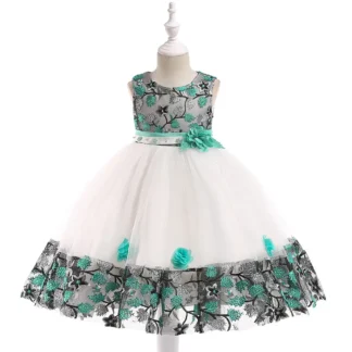 Princess Dress Teal Gray Floral Lace Embroidery