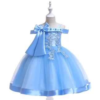 Sky Blue Princess Dress Off-Shoulder Tulle Embroidered Bow
