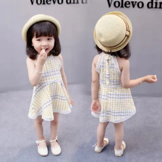 Girls Polka Dot Halter Neck Dress Beige Cotton Summer Wear