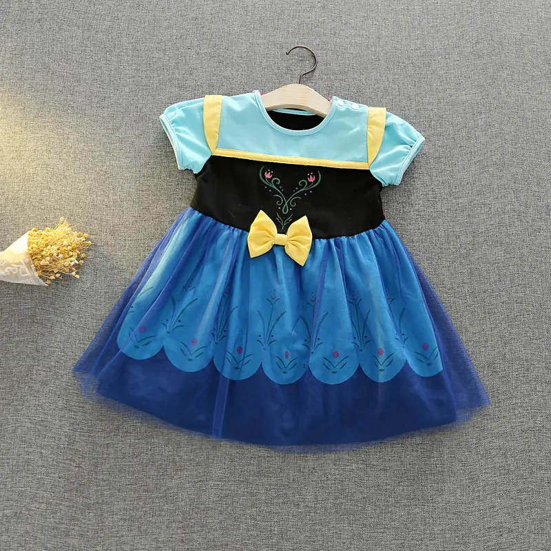 Kids Tulle Bow Dresses Blue Yellow 2-Piece Set - Image 3