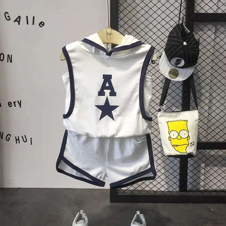 Kids Sleeveless Hooded Vest Short Navy White Star - Image 2