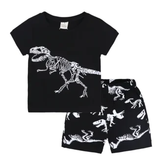 Dinosaur Print Boys Pajama Set Black Cotton 3-12Y