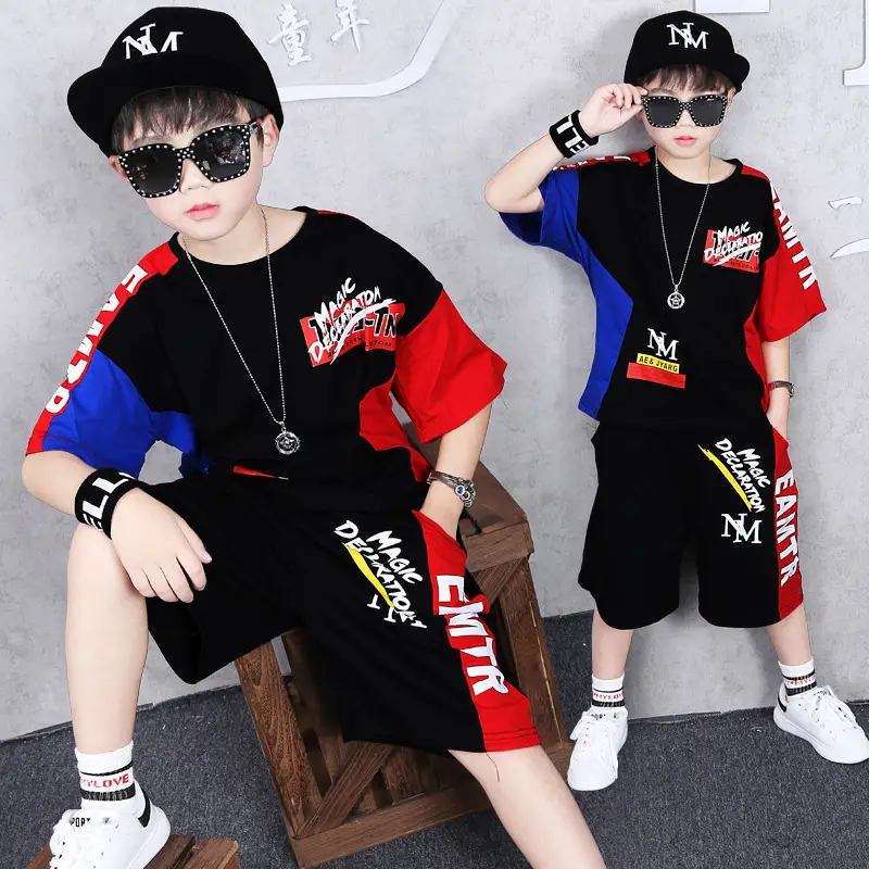 Kids Korean Graphic Shorts & Tee Set Black Red Blue Medium