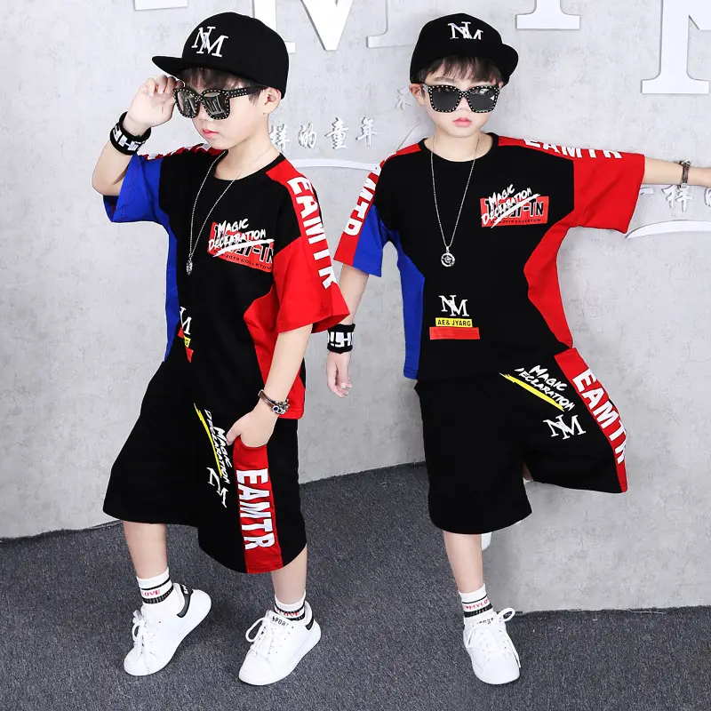 Kids Korean Graphic Shorts & Tee Set Black Red Blue Medium - Image 2