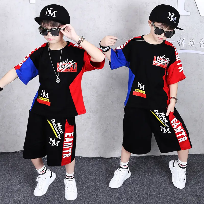 Kids Korean Graphic Shorts & Tee Set Black Red Blue Medium - Image 3