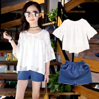 White Lace Top & Denim Shorts Set for Girls Summer Wear