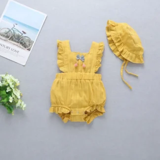 Yellow Ruffled Baby Romper Set with Sun Hat