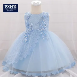 Light Blue Princess Tulle Dress for Kids with Lace Embroidery