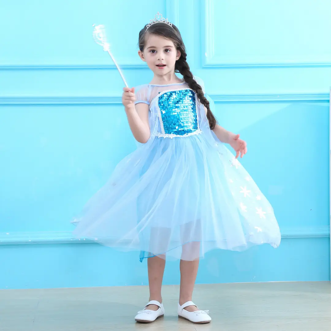 Light Blue Elsa Snowflake Embroidered Girls Dress - Image 3
