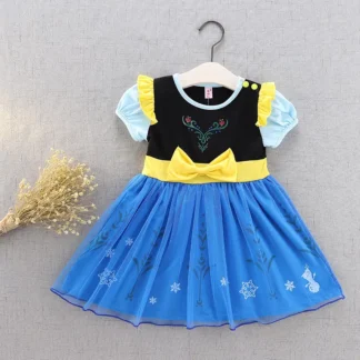 Frozen Anna Princess Dress Blue Yellow Cotton Kids Party Wear