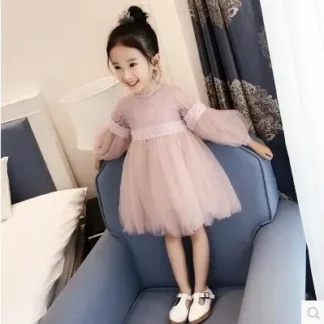 Princess Dress for Girls Beige Gauze Tulle Long Sleeve